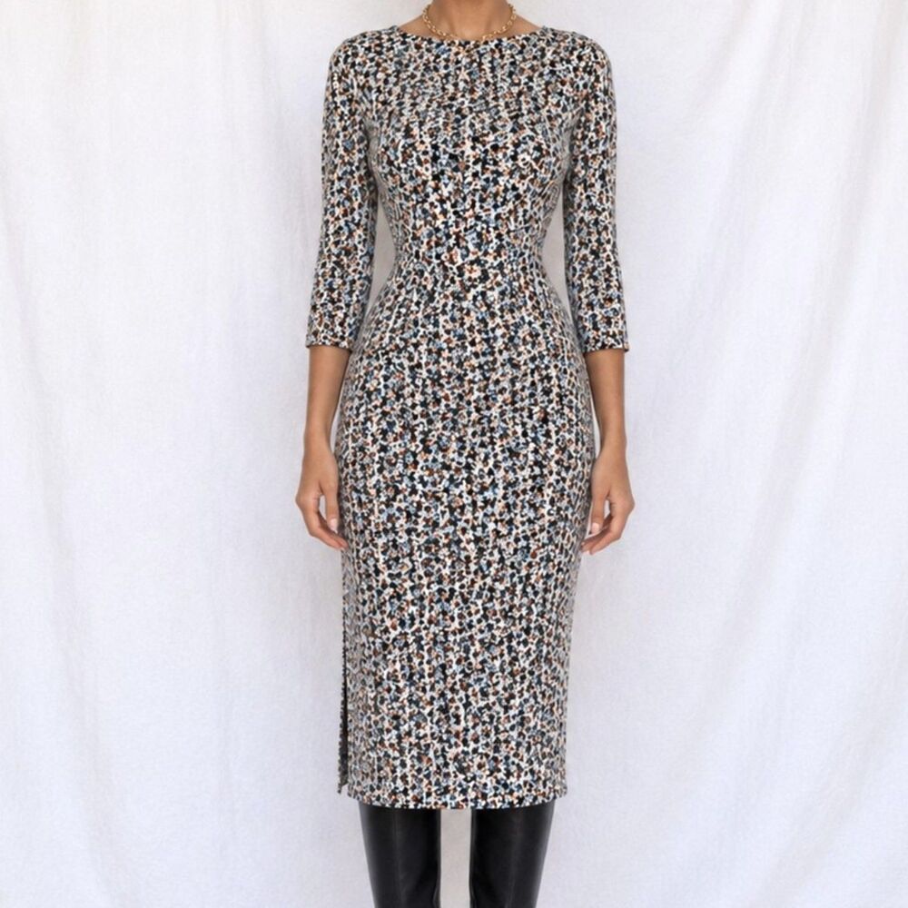 Vintage Y2K Gray Multicolor Quarter Sleeve Side Slit Knee Length Dress Size M